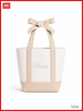 Bride Tote Bag with Bow Embroidered Canvas 10.4x13 Inches
